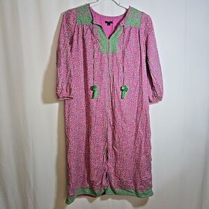 J. Crew Floral Lined House Dress Pink Green Vines Embroidered XL Grannycore
